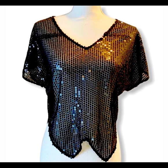 Vintage Free People Black Sequin Sheer Cap Sleeve Blouse - Picture 2 of 16